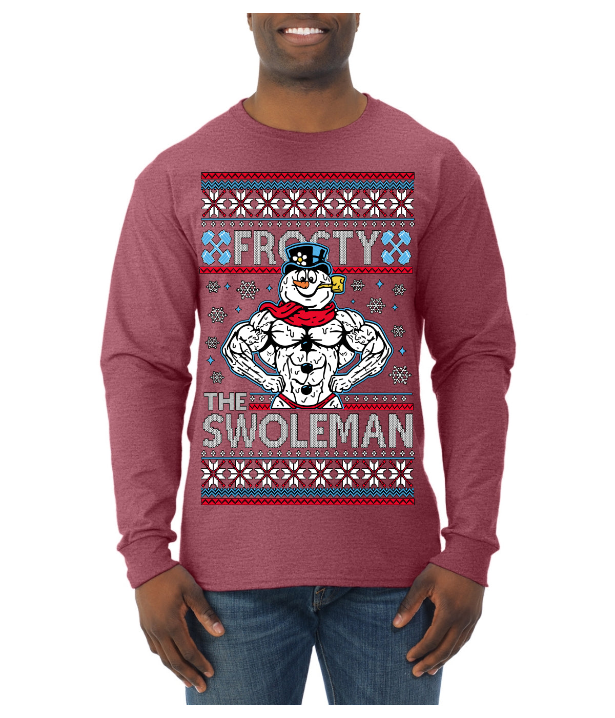 Frosty the Swoleman Funny Workout Lifting Snowman MovieUgly Christmas Sweater Mens Long Sleeve Shirt