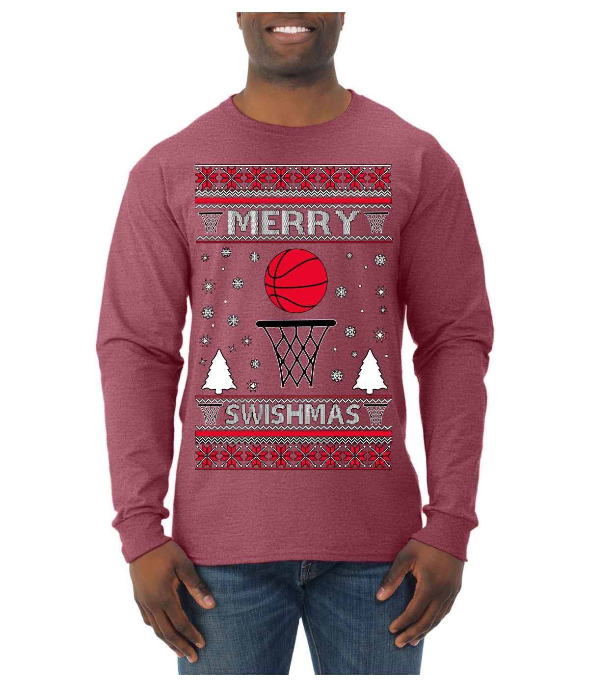 Merry Swishmas Basketball Sports Ugly Christmas Sweater Mens Long Sleeve Shirt