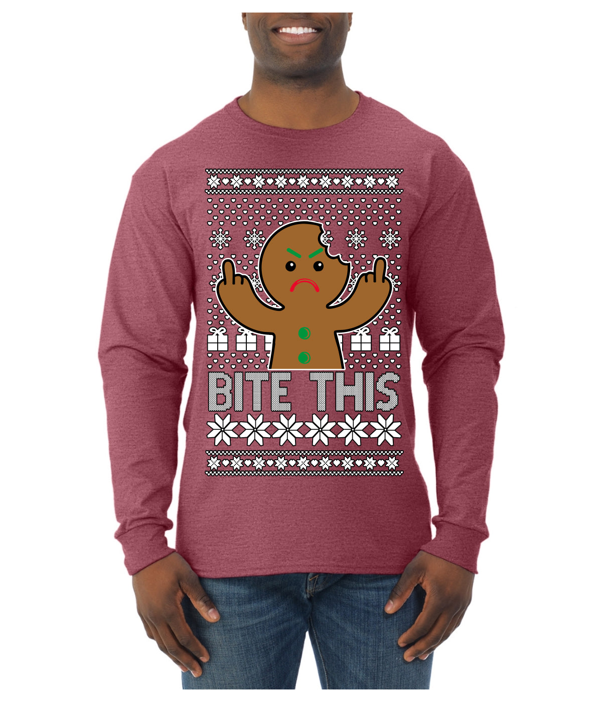 Bite This, Funny Gingerbread Cookie Offensive Inappropriate Middle Finger, F U Ginger Bread Dirty Novelty Xmas Ugly Christmas Sweater Mens Long Sleeve Shirt