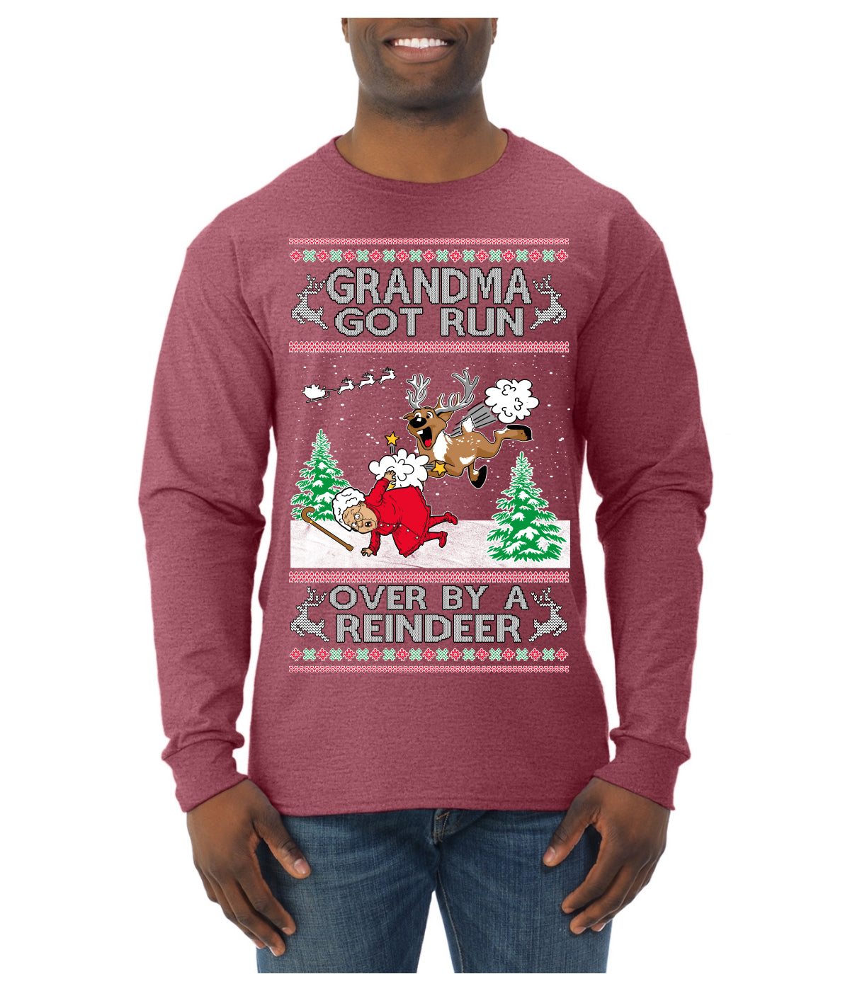 Grandma Got Run Over by a Reindeer, Funny Animated Design Rein Deer Kids TV Song Movie Ugly Christmas Sweater Mens Long Sleeve Shirt