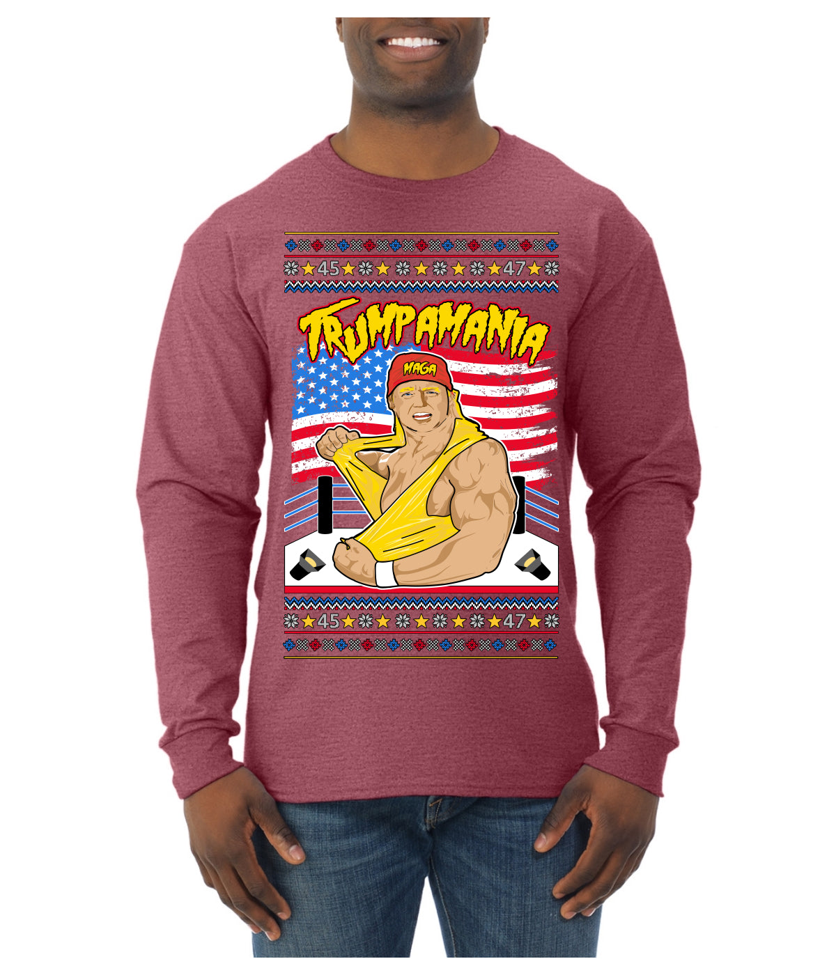Trumpamania Funny Hogan 80s USA Wrestling Sports Parody Ugly Christmas Sweater Mens Long Sleeve Shirt