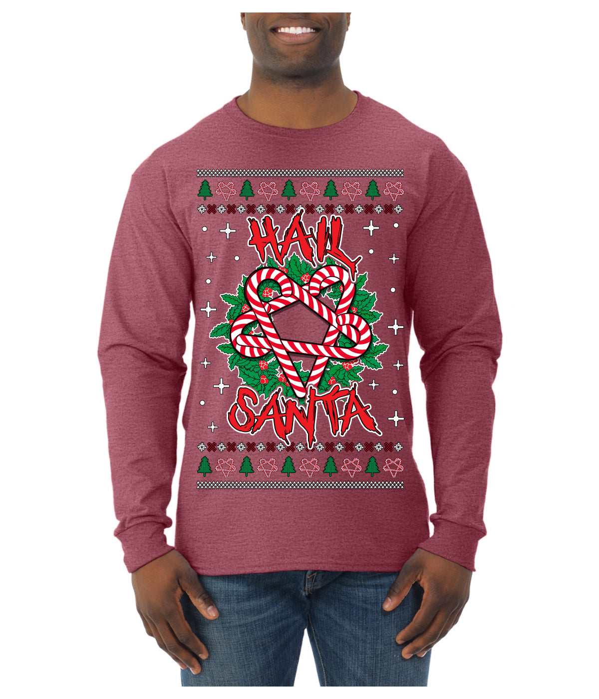 Hail Santa Funny Satanic Candy Devil Heavy Metal Satan Ugly Christmas Sweater Mens Long Sleeve Shirt