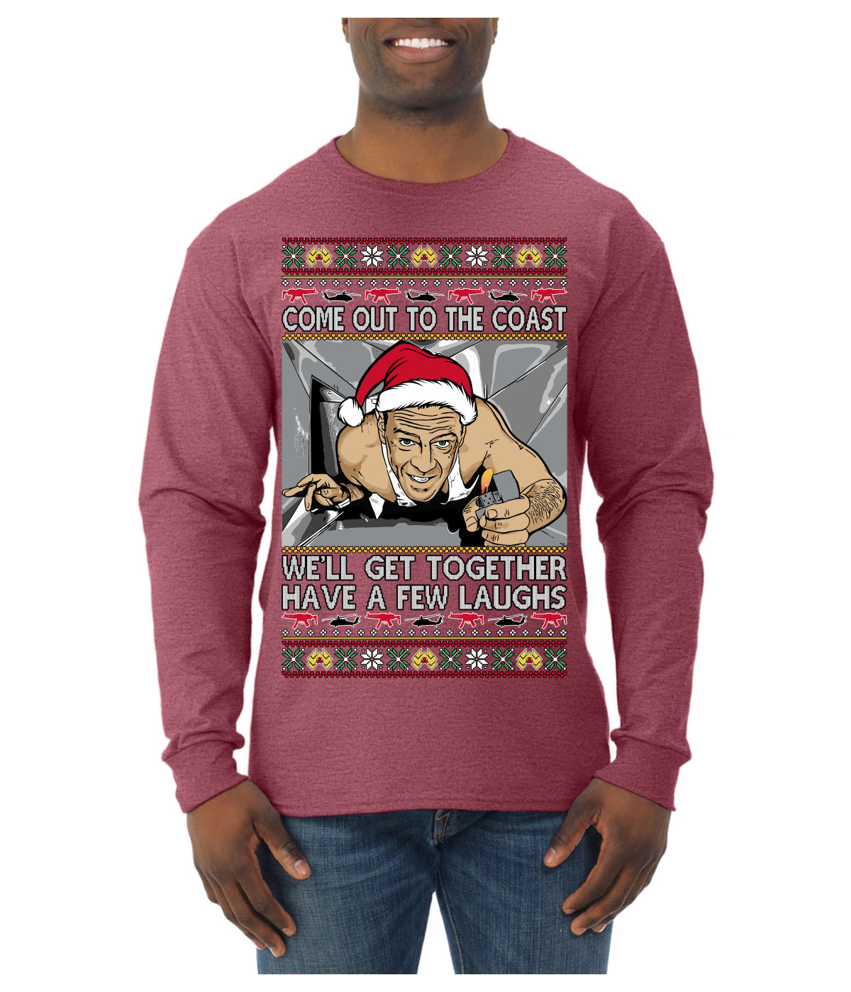 Come Out to the Coast Have a Few Laughs Die Hard McClane Ugly Christmas Sweater Mens Long Sleeve Shirt