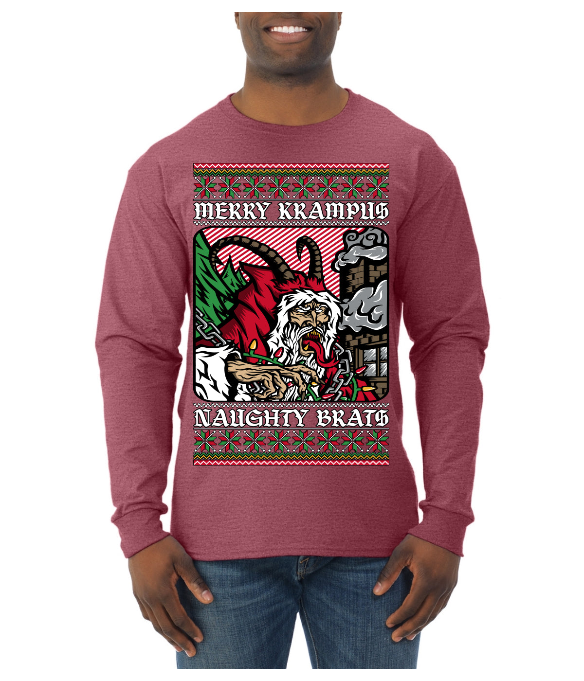 Merry Krampus Naughty Brats | Funny Ugly Christmas Sweater Mens Long Sleeve Shirt