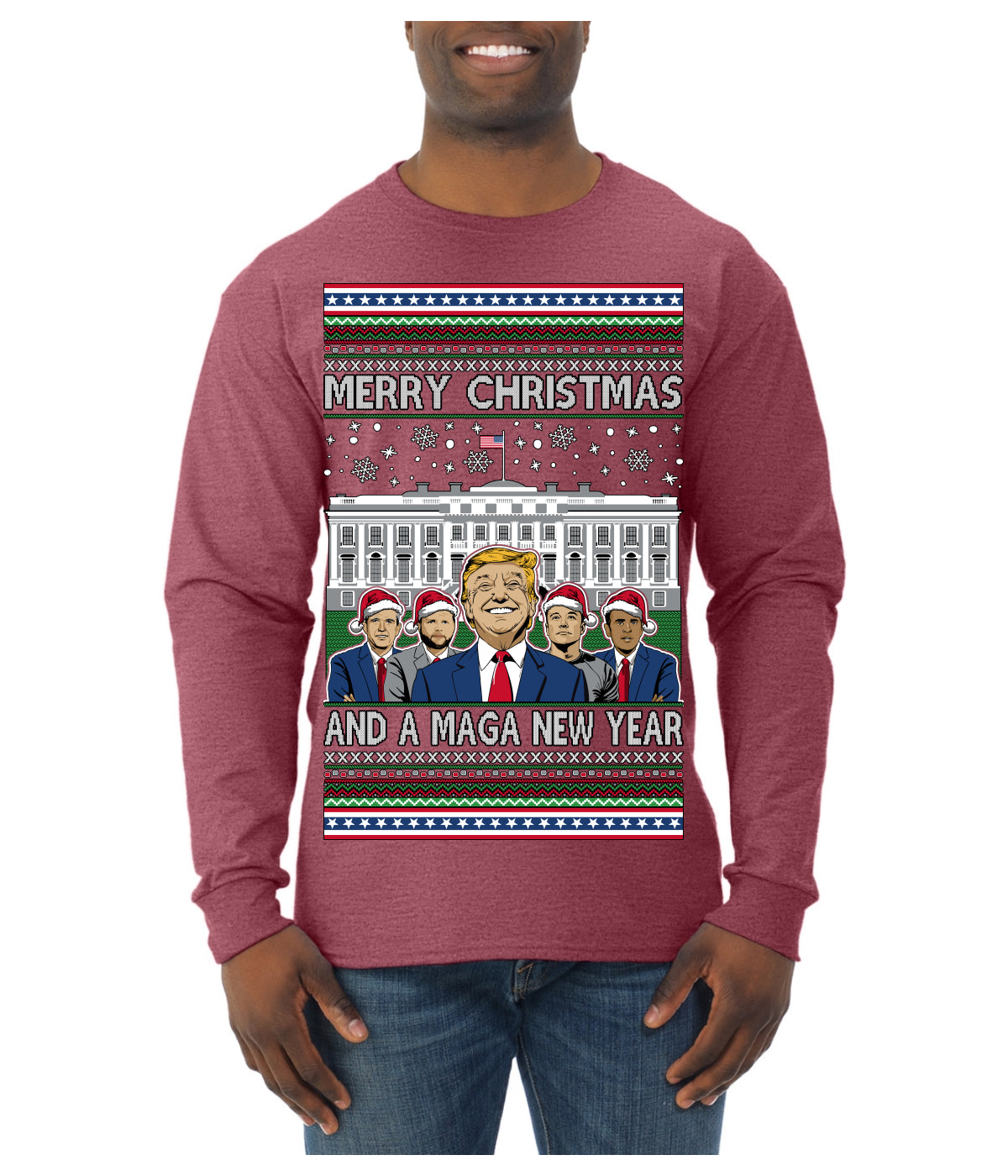 Merry Christmas and a MAGA New Year 2025 Ugly Christmas Sweater Mens Long Sleeve Shirt