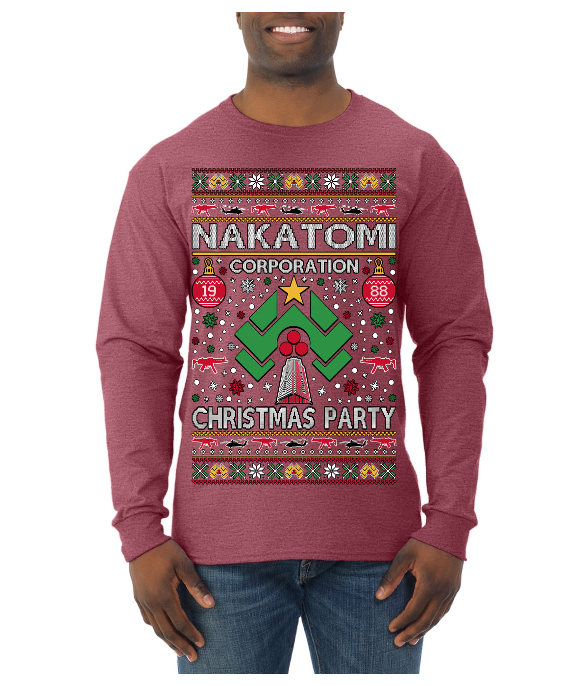 Nakatomi Corporation Christmas Party 1988 Plaza Logo, Classic Die Hard McClane 80s Xmas Movie Quote Ugly Christmas Sweater Mens Long Sleeve Shirt