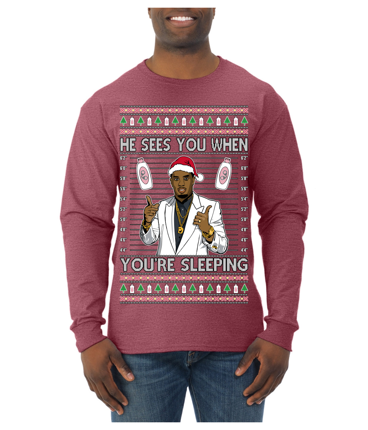 He Sees You When You're Sleeping, Funny Santa P Diddy Diddler Funny Party Viral Music Baby Oil Meme Ugly Christmas Sweater Mens Long Sleeve Shirt
