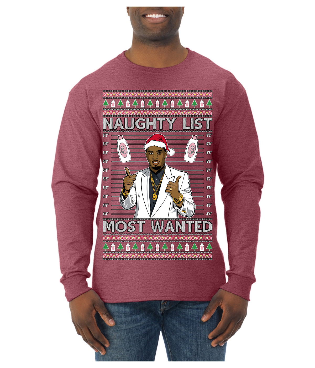 Naughty List Most Wanted, Funny Santa P Diddy Diddler Funny Party Viral Music Baby Oil Meme Ugly Christmas Sweater Mens Long Sleeve Shirt
