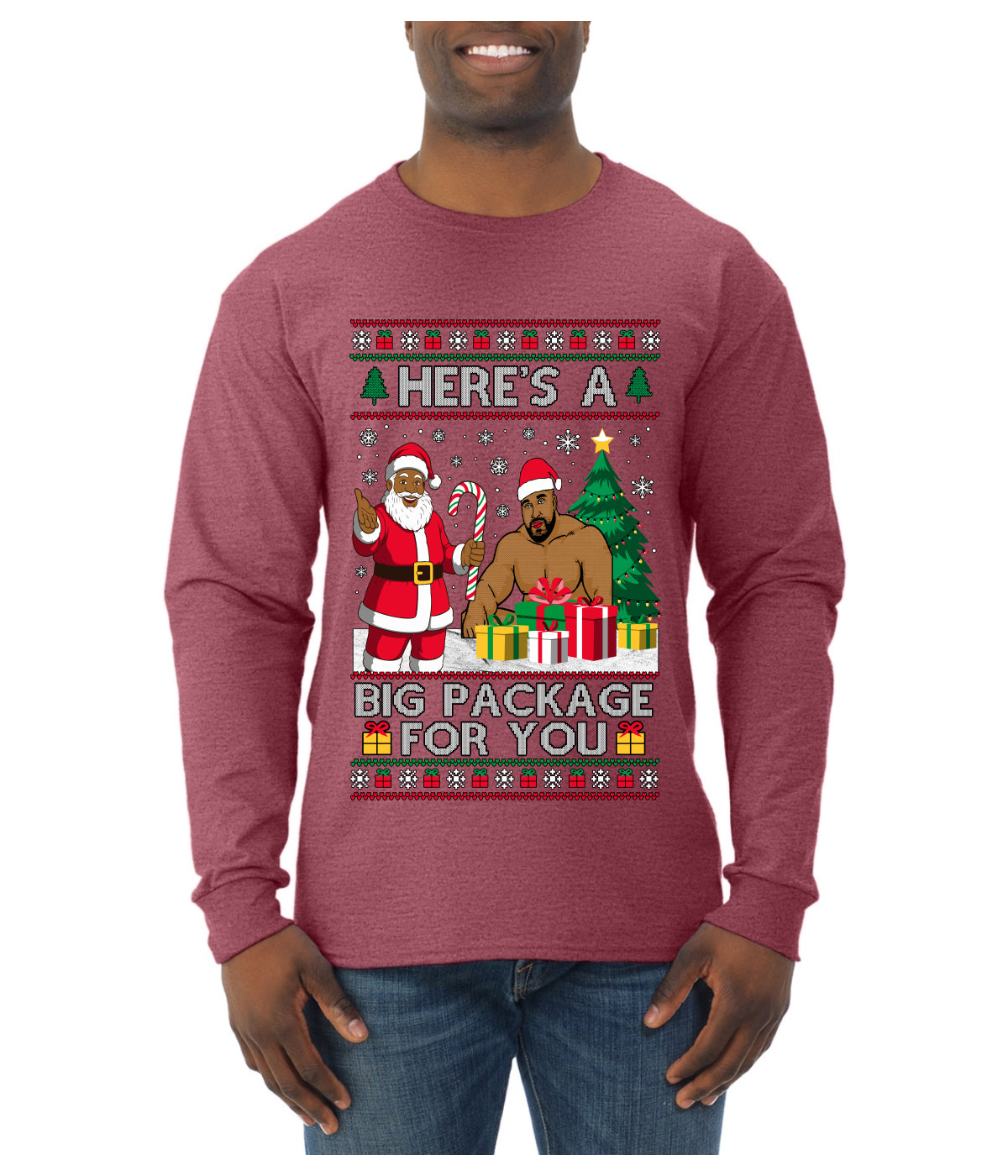 Here's A Big Package For You Black Santa Christmas Sweater, Ugly Christmas Sweater Mens Long Sleeve Shirt