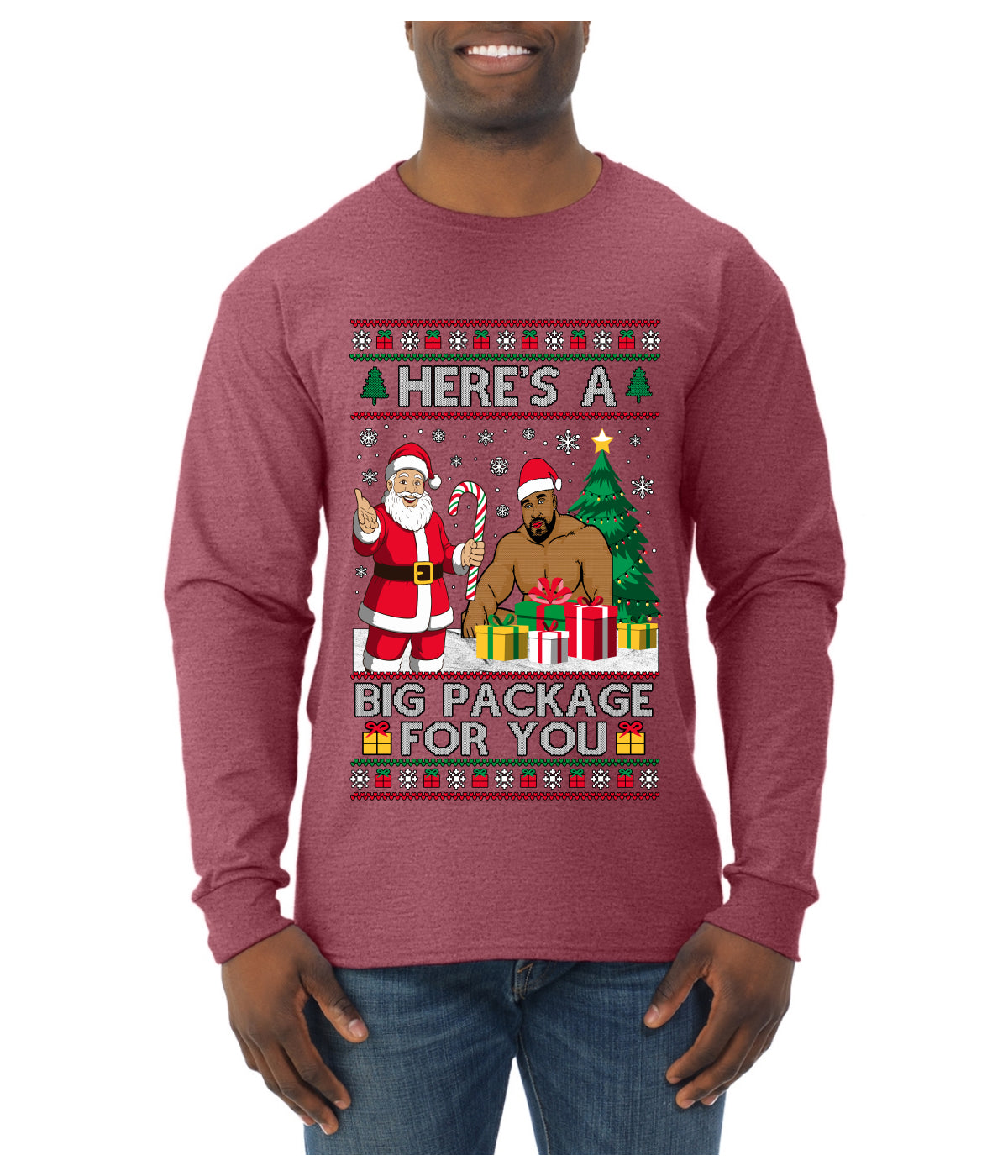 Here's A Big Package For You Santa Christmas Sweater, Ugly Christmas Sweater Mens Long Sleeve Shirt