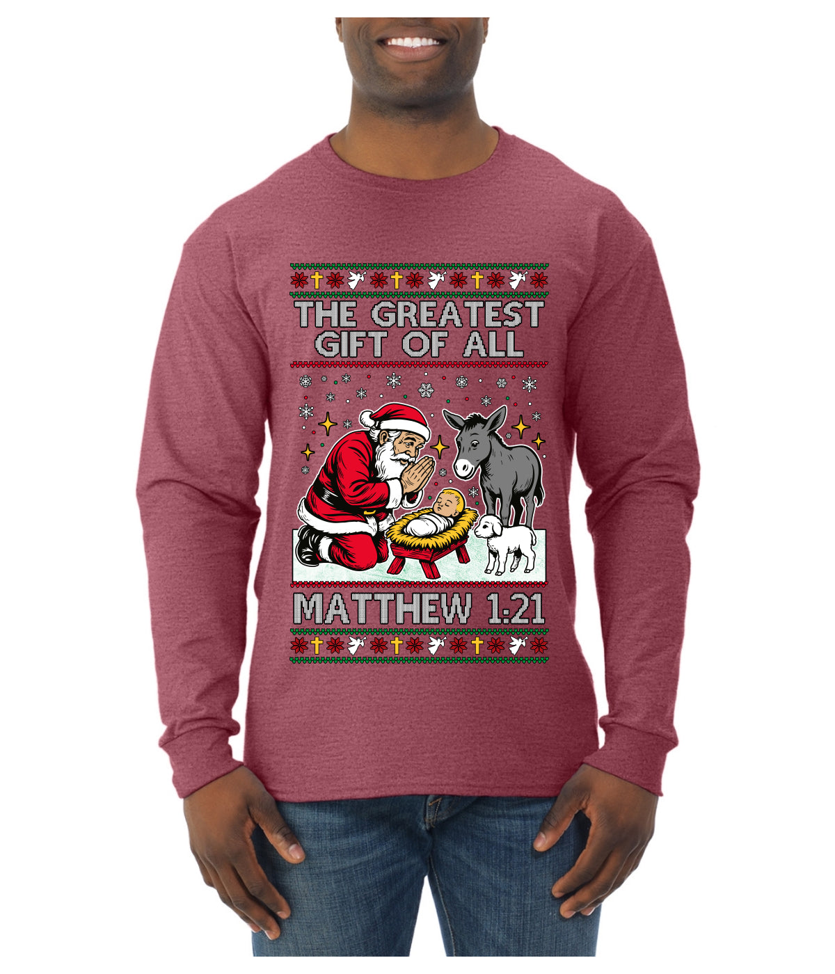 The Greatest Gift Of All Matthew 1:21, Ugly Christmas Sweater Mens Long Sleeve Shirt