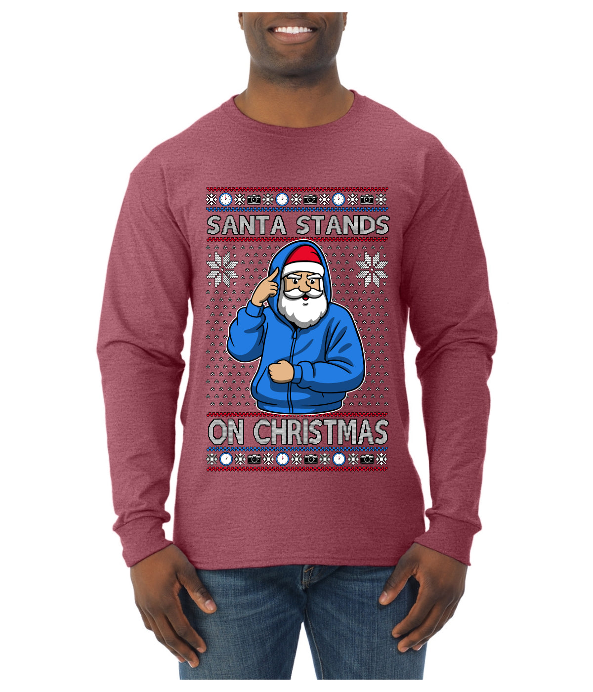 Santa Stands On Christmas, Ugly Christmas Sweater Mens Long Sleeve Shirt