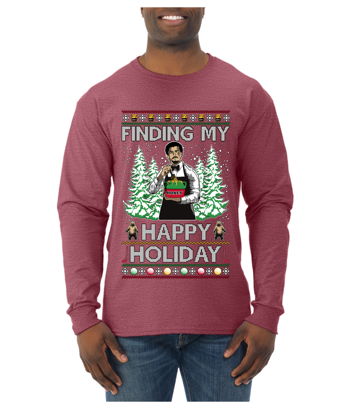 Finding My Happy Holiday, Ugly Christmas Sweater Mens Long Sleeve Shirt