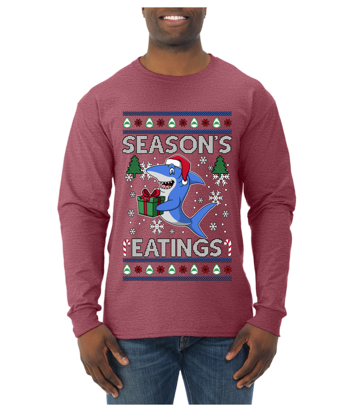 Season's Eatings Shark, Ugly Christmas Sweater Unisex Mens Long Sleeve Shirt