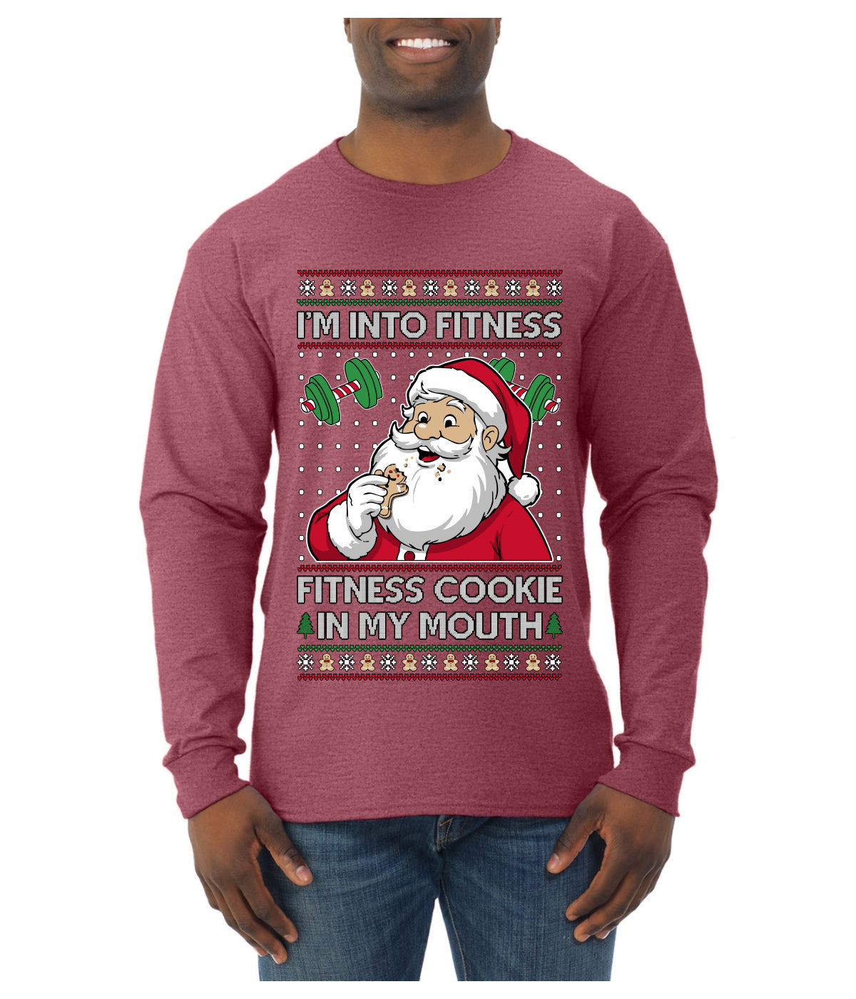 I'm Into Fitness Cookie In My Mouth Santa, Ugly Christmas Sweater Unisex Mens Long Sleeve Shirt