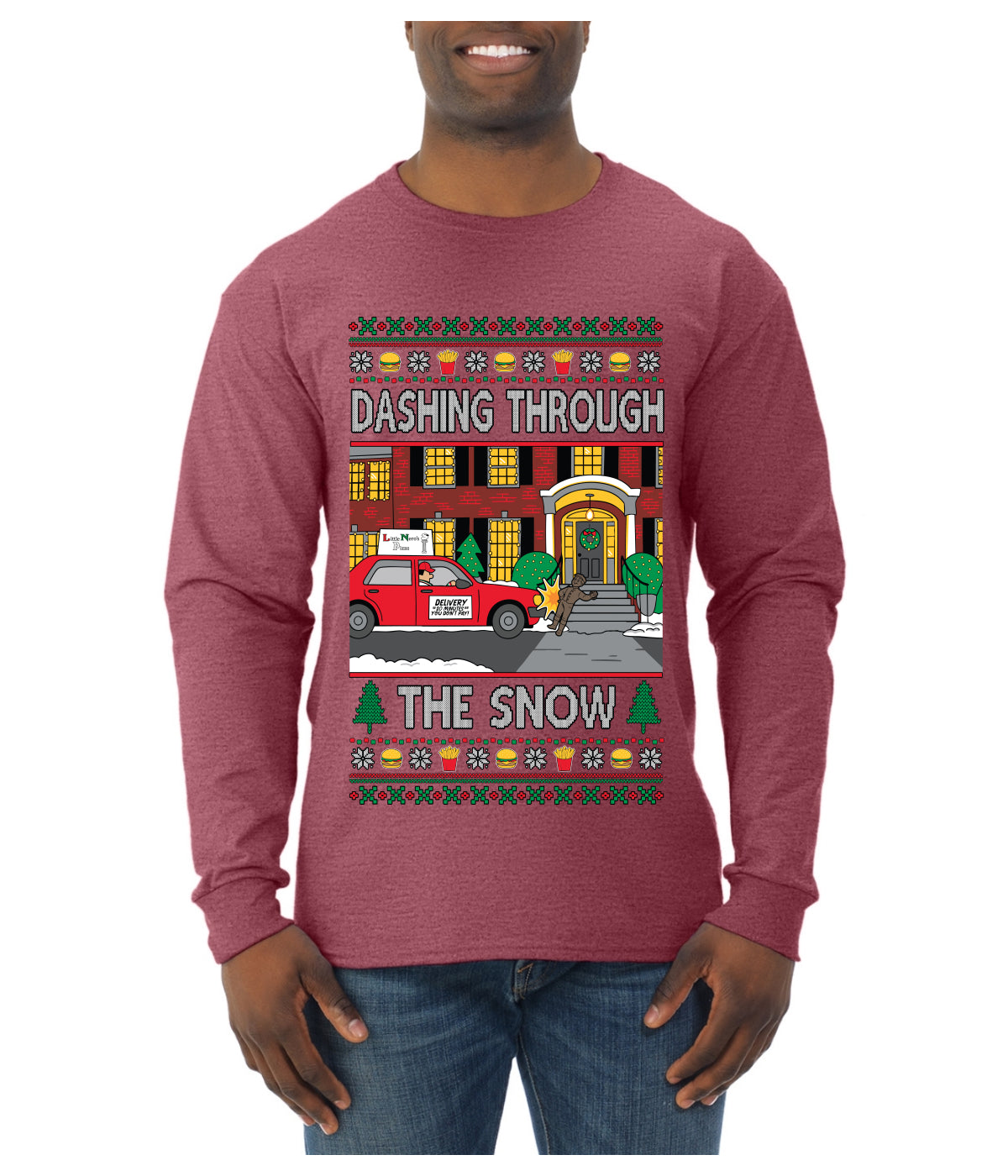Dashing Through The Snow Classic 90s Holiday Movie, Ugly Christmas Sweater Unisex Mens Long Sleeve Shirt