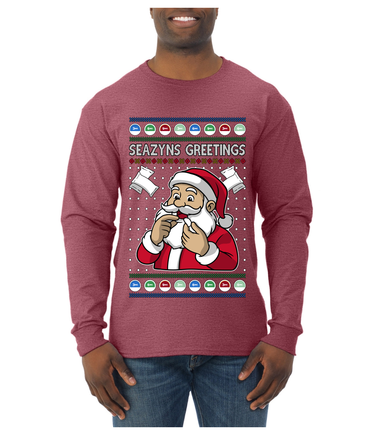 Seazyns Greeting Santa Packing Lip Pouch, Ugly Christmas Sweater Unisex Mens Long Sleeve Shirt