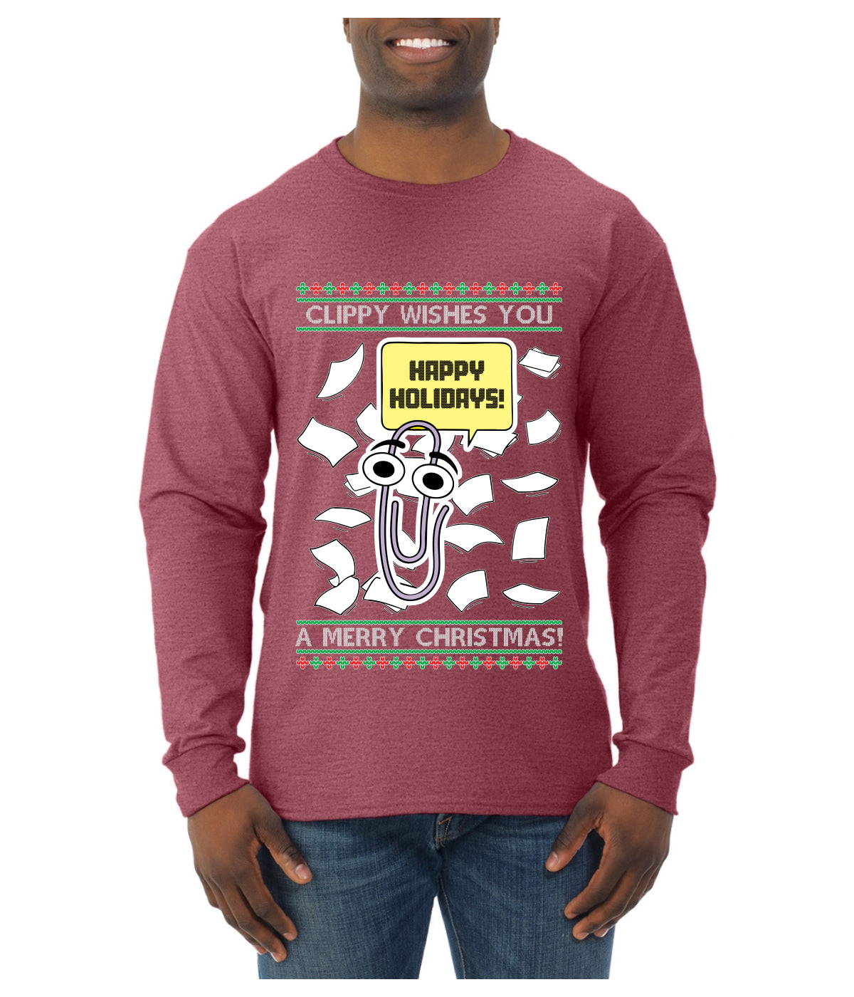 Clippy Wishes You A Merry Christmas Office Assistant, Ugly Christmas Sweater Unisex Mens Long Sleeve Shirt
