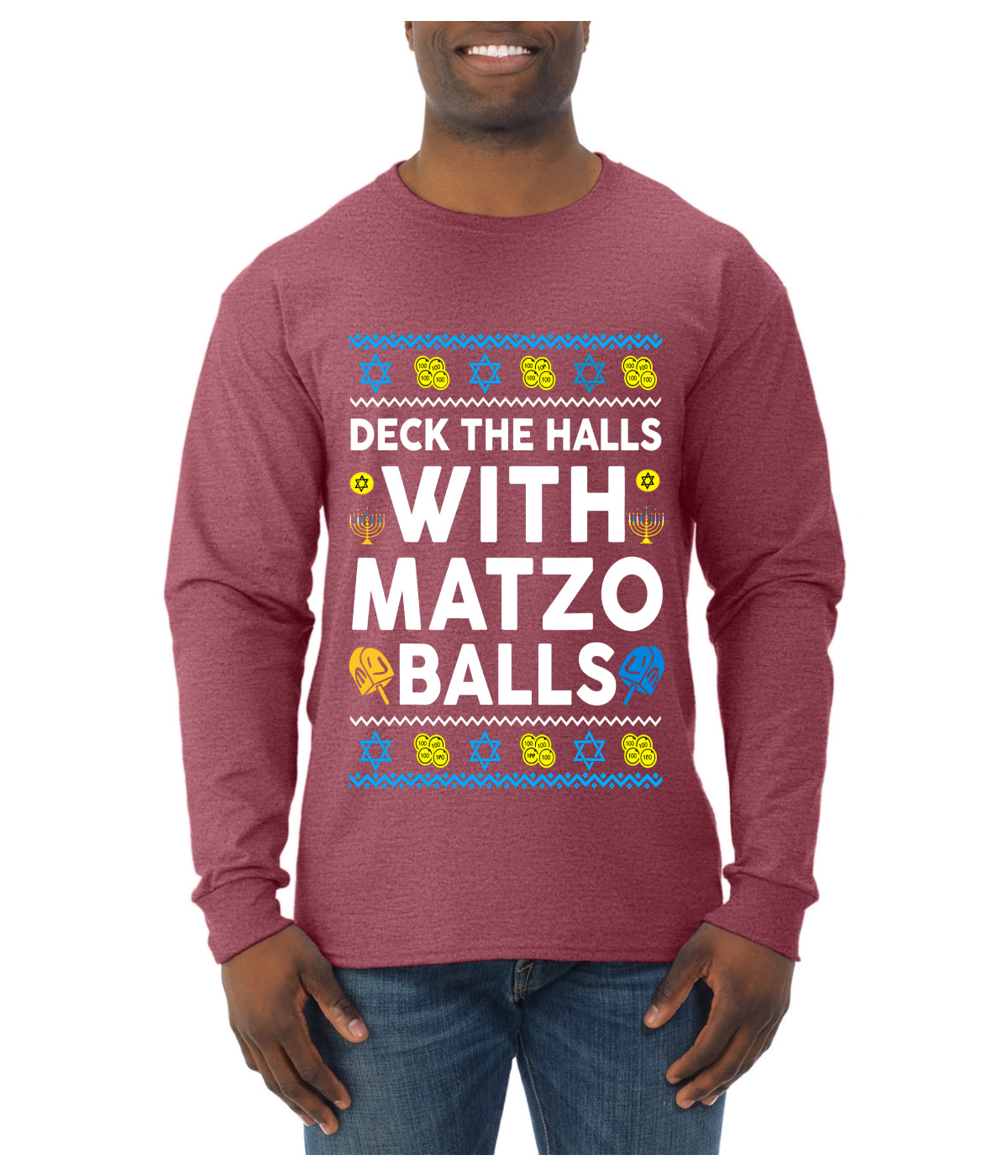 Deck The Halls With Matzo Balls Hanukkah, Ugly Christmas Sweater Unisex Mens Long Sleeve Shirt