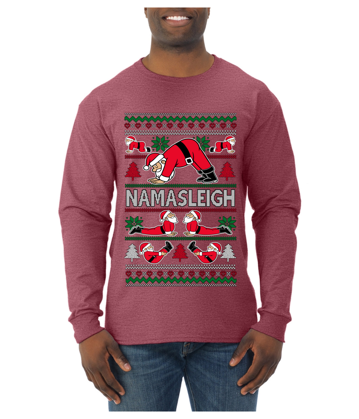 Namasleigh, Namaste Yoga Santa Claus, Ugly Christmas Sweater Unisex Mens Long Sleeve Shirt