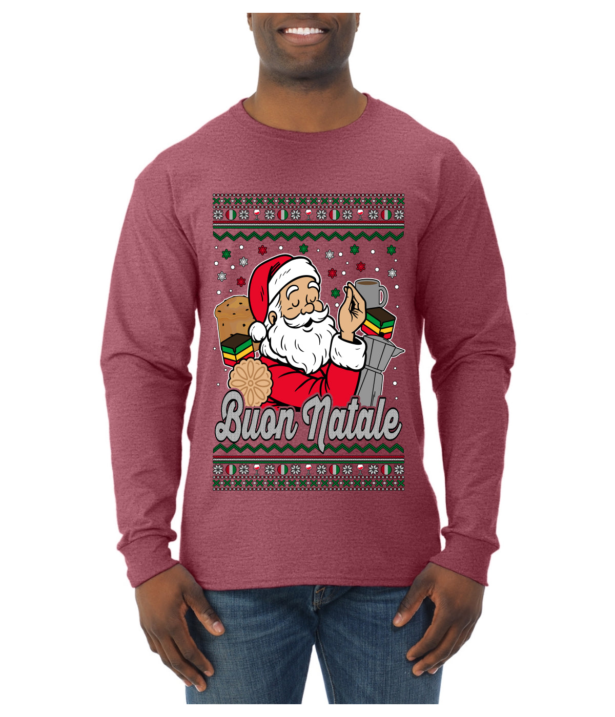 Buon Natale, Italian Santa Claus, Funny, Italian American Humor, Ugly Christmas Sweater Unisex Mens Long Sleeve Shirt