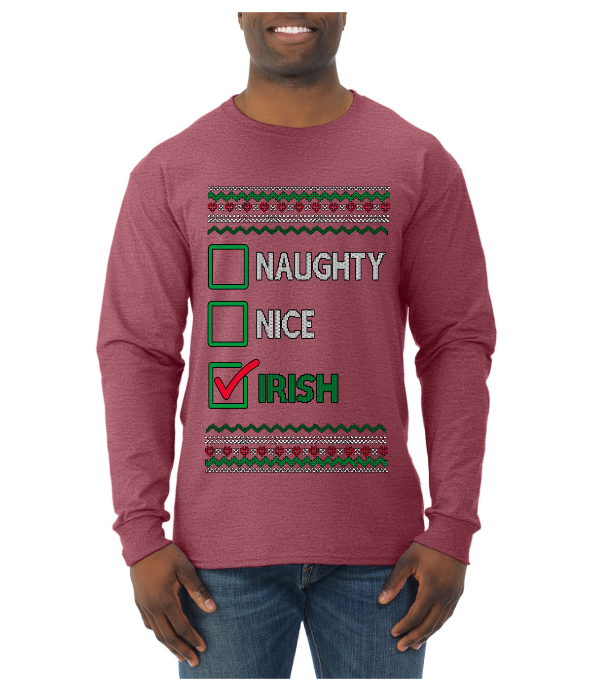Naughty Nice, Irish, Irish Christmas, Ugly Christmas Sweater Unisex Mens Long Sleeve Shirt