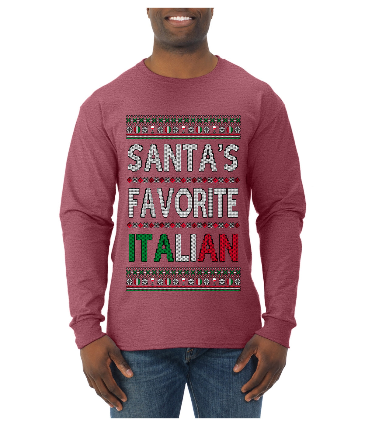 Santa's Favorite Italian, Funny Italian Christmas Sweater, Ugly Christmas Sweater Unisex Mens Long Sleeve Shirt