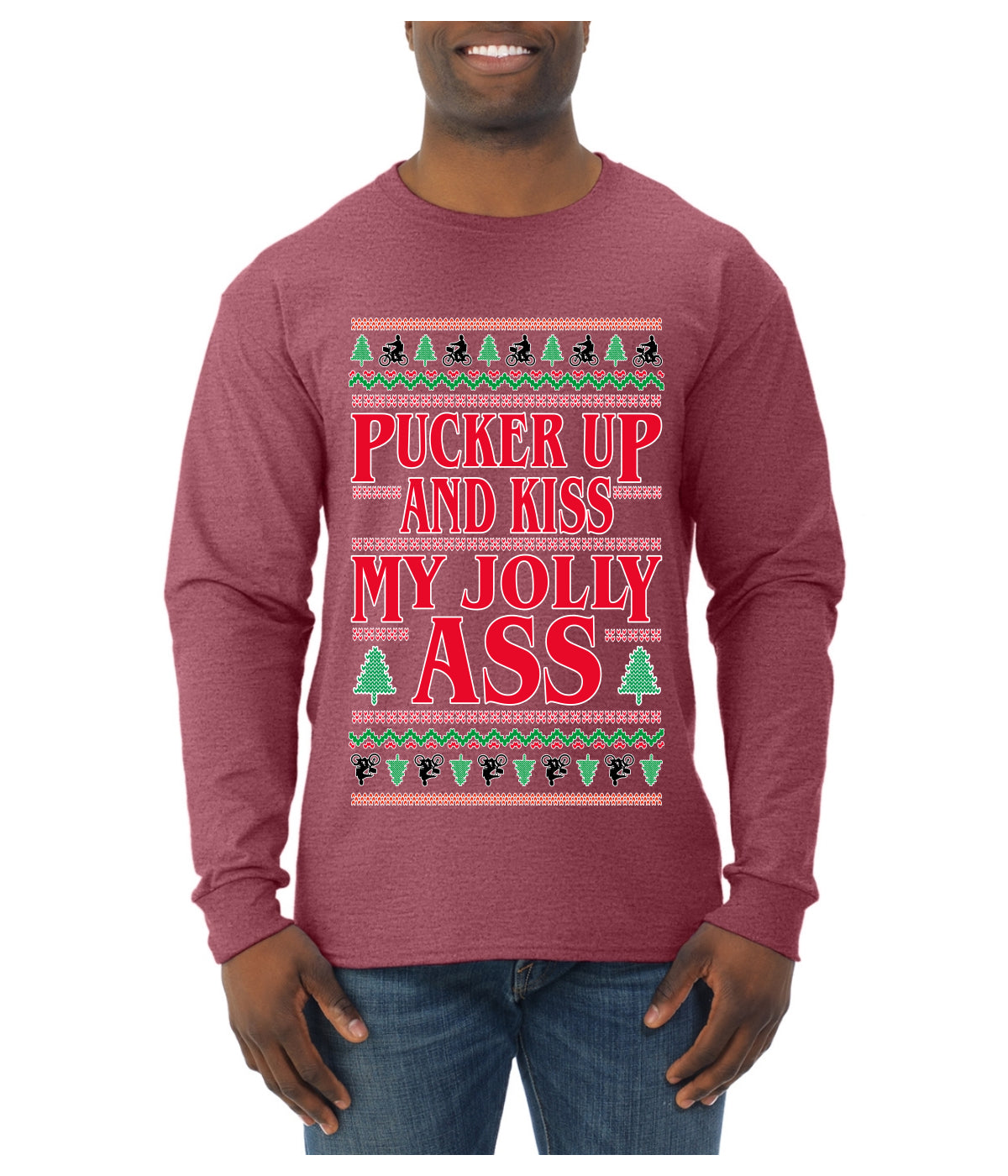 Pucker Up And Kiss My Jolly Ass, Ugly Christmas Sweater Unisex Mens Long Sleeve Shirt