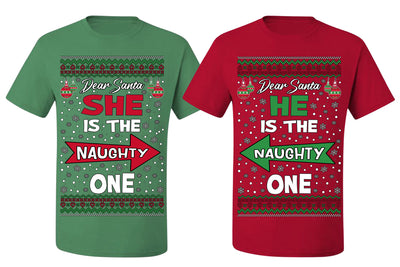 She is Naughty One, He is the Naughty One Funny Couples Shirt Girlfriend Boyfriend Gift His and Hers Matching Ugly Christmas Couple T-Shirt