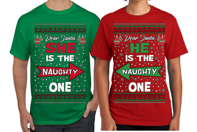 She is Naughty One, He is the Naughty One Funny Couples Shirt Girlfriend Boyfriend Gift His and Hers Matching Ugly Christmas Couple T-Shirt