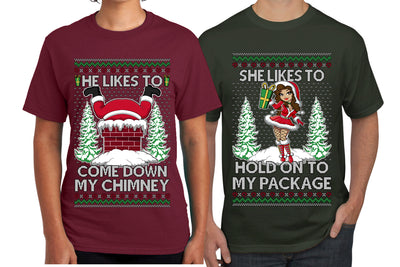 Come Down My Chimney Hold My Package Sweater Girlfriend Boyfriend Gift His and Hers Matching Ugly Christmas Couple T-Shirt