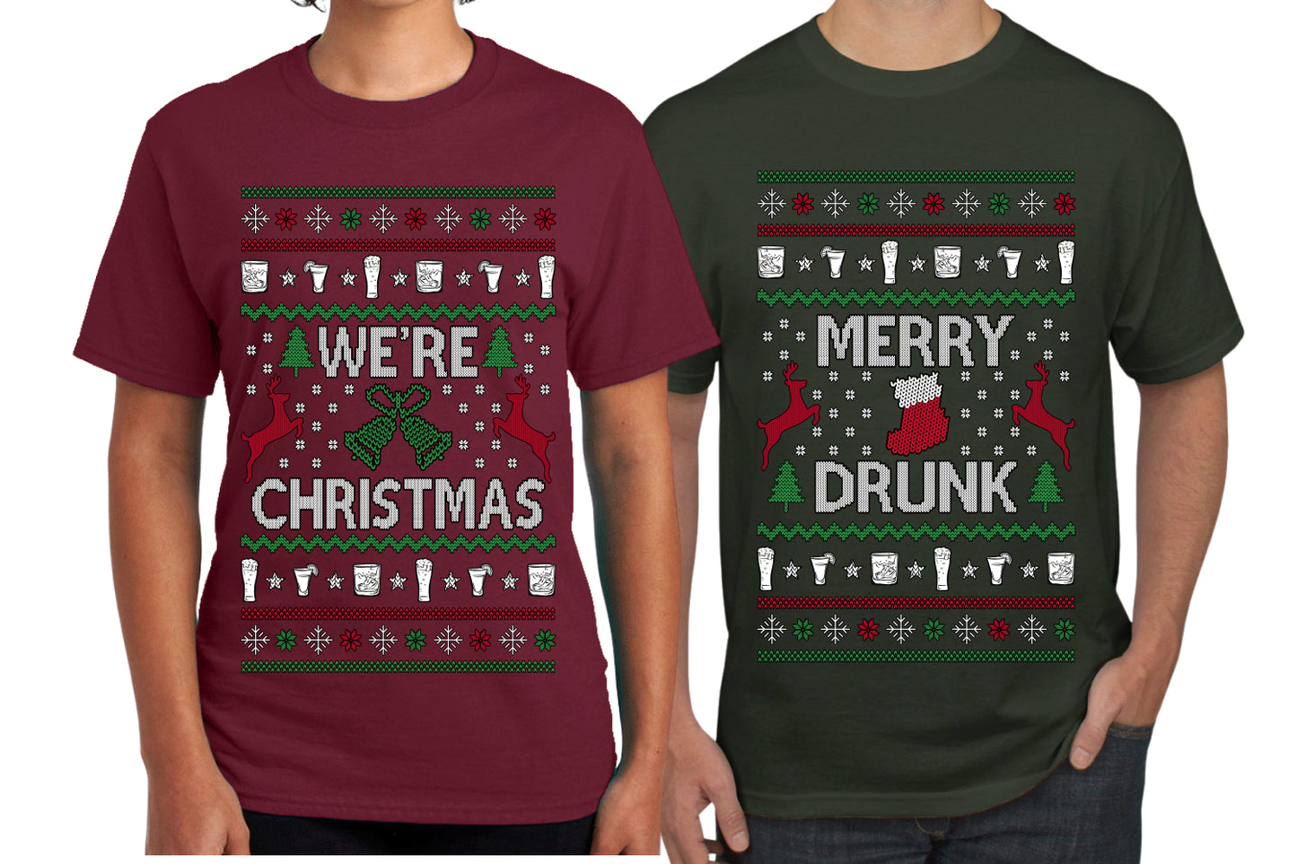 Merry Drunk We're Christmas Sweater Girlfriend Boyfriend Gift His and Hers Matching Ugly Christmas Couple T-Shirt