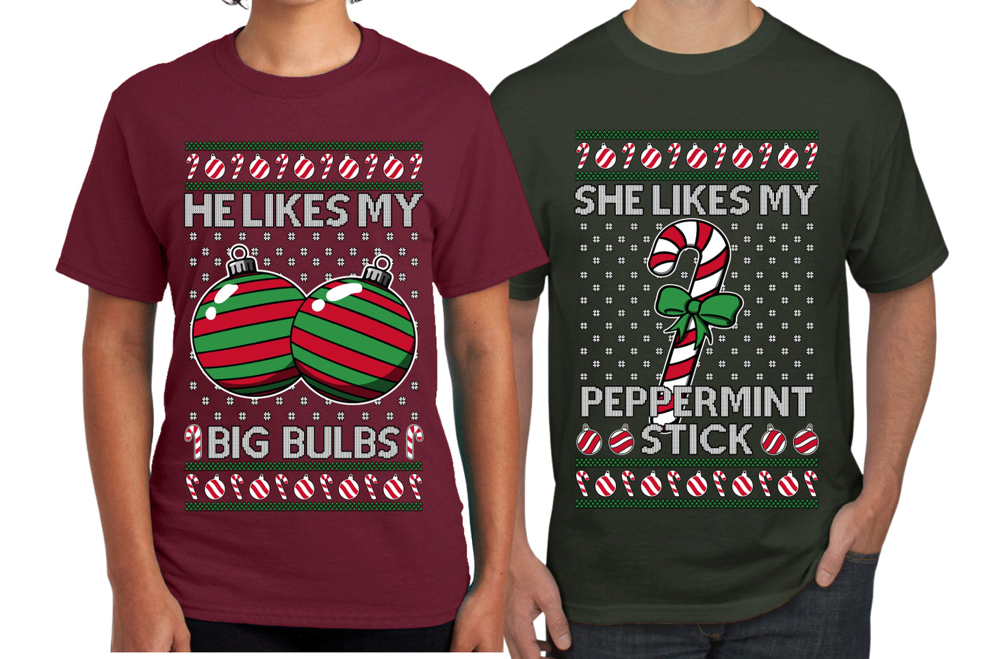 She Likes My Peppermint Stick, He Likes My Big Bulbs Sweater Girlfriend Boyfriend Gift His and Hers Matching Ugly Christmas Couple T-Shirt