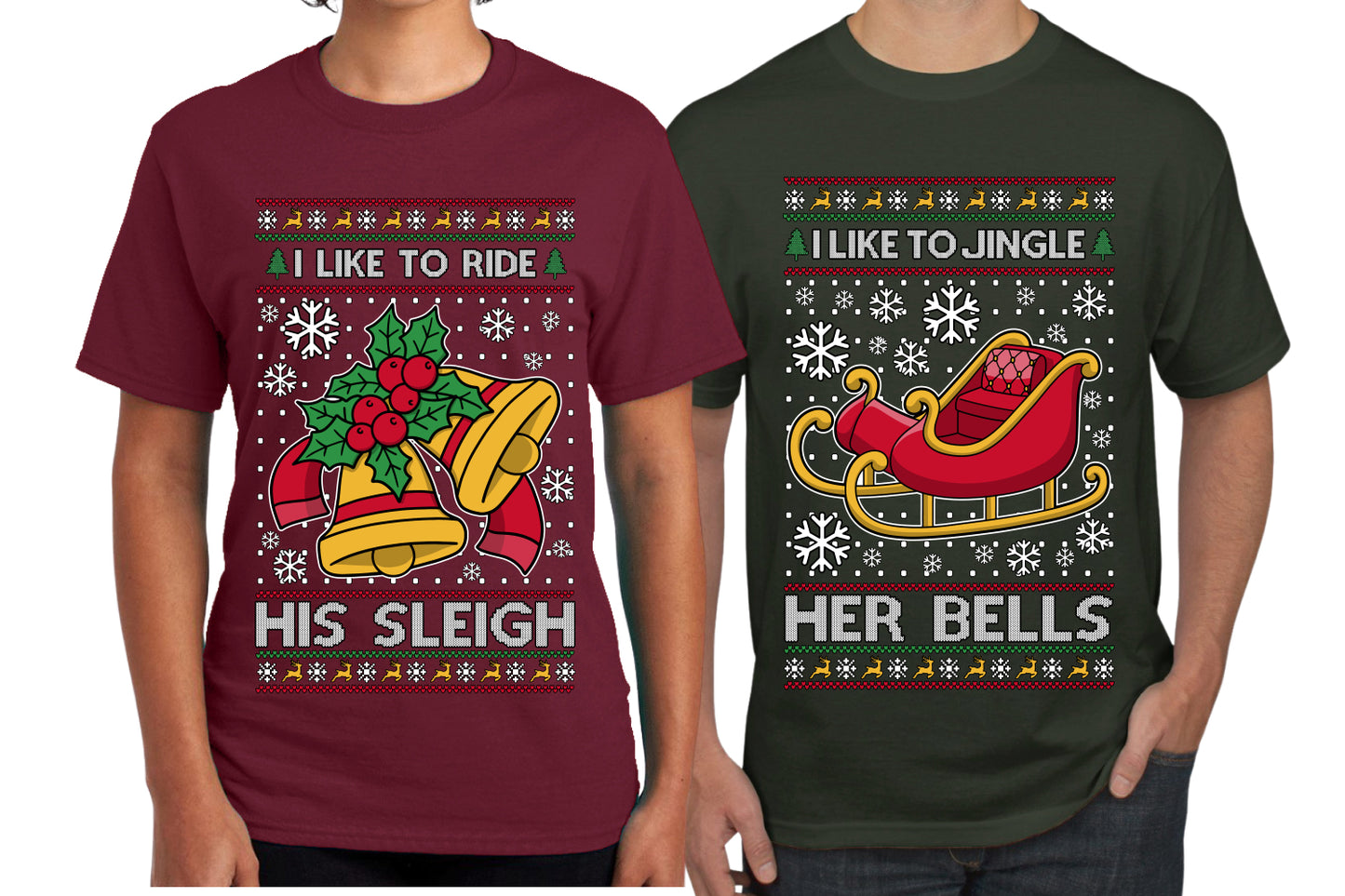I Like To Jingle Her Bells, I Like To Ride His Sleigh Sweater Girlfriend Boyfriend Gift His and Hers Matching Ugly Christmas Couple T-Shirt