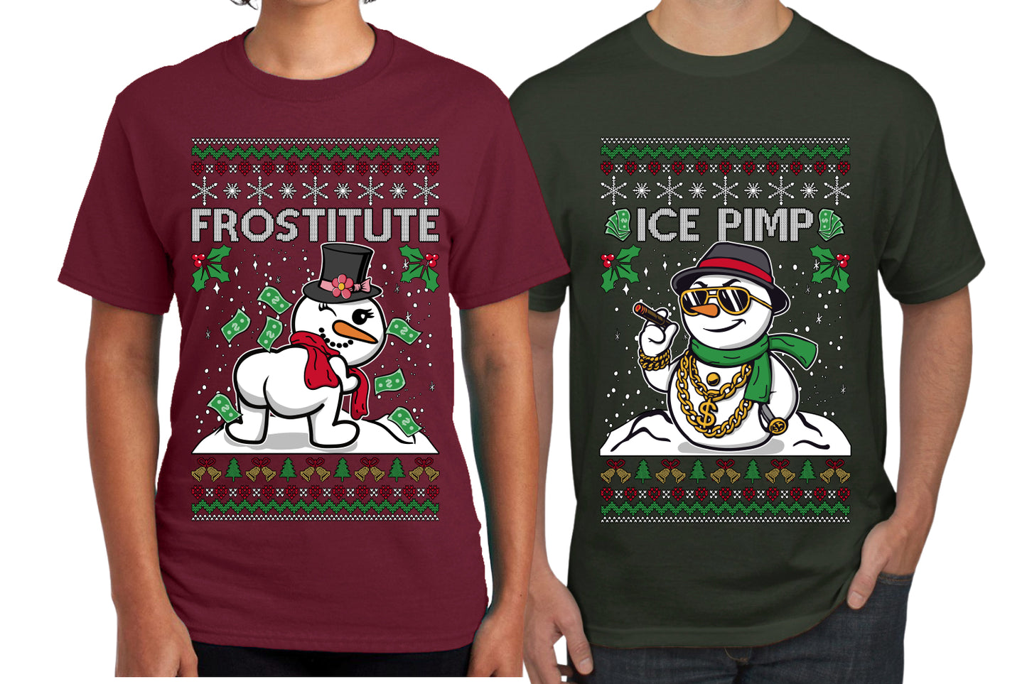 Frostitute Ice Pimp Snowmen Sweater Girlfriend Boyfriend Gift His and Hers Matching Ugly Christmas Couple T-Shirt
