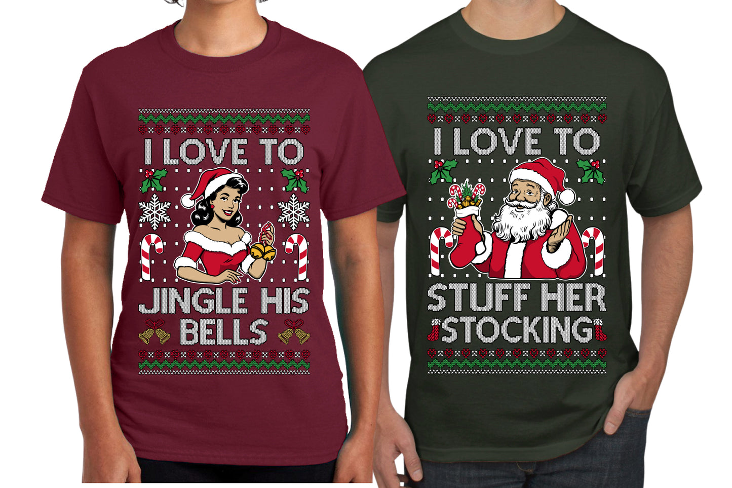 I Love To Stuff Her Stocking Jingle His Bells Sweater Girlfriend Boyfriend Gift His and Hers Matching Ugly Christmas Couple T-Shirt
