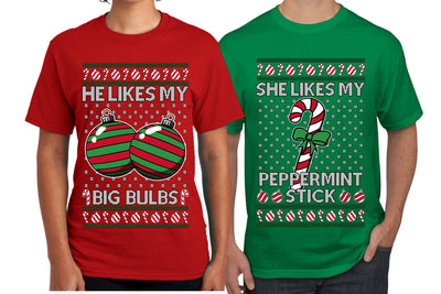 She Likes My Peppermint Stick, He Likes My Big Bulbs Sweater Girlfriend Boyfriend Gift His and Hers Matching Ugly Christmas Couple T-Shirt