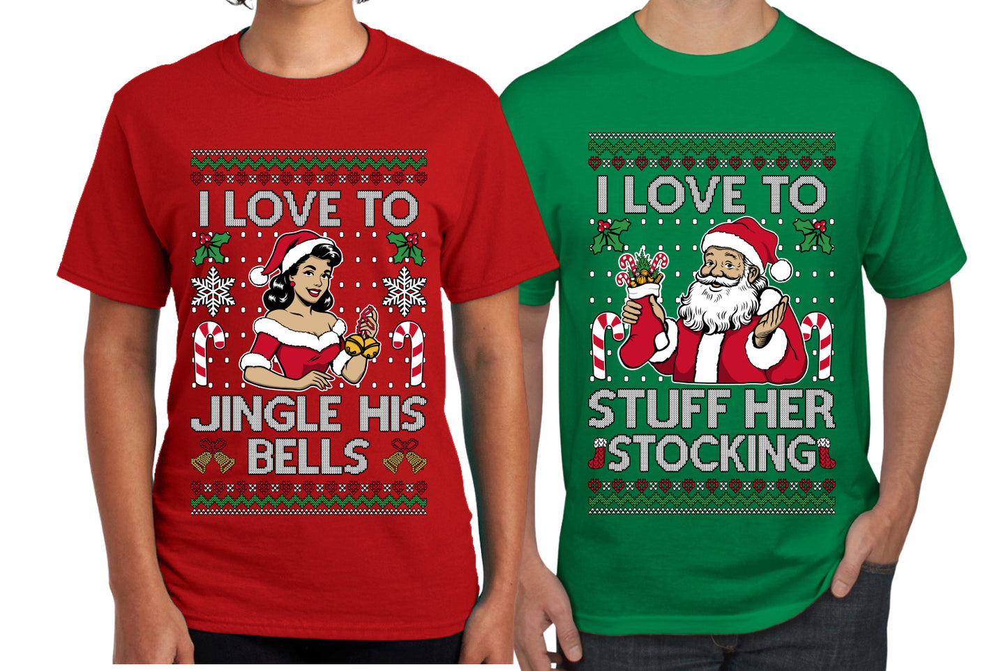 I Love To Stuff Her Stocking Jingle His Bells Sweater Girlfriend Boyfriend Gift His and Hers Matching Ugly Christmas Couple T-Shirt