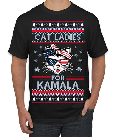 Cat Ladies for Kamala USA Glasses, Harris Tim Walz 2024 Cute USA Glasses Bow Ugly Christmas Sweater Men's T-Shirt