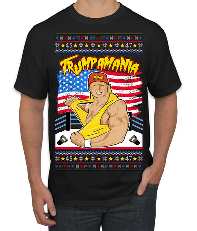 Trumpamania Funny Hogan 80s USA Wrestling Sports Parody Ugly Christmas Sweater Men's T-Shirt