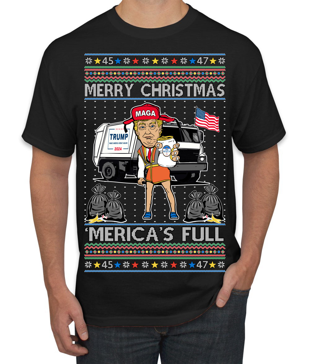 Donald Trump Merry Christmas Merica's Full Garbage Truck Ugly Christmas Sweater Men's T-Shirt