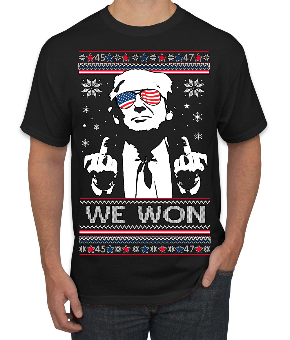 We Won Funny 45 47 President Trump Shot USA Glasses Ugly Christmas Sweater Men's T-Shirt