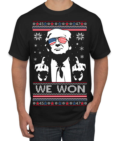 We Won Funny 45 47 President Trump Shot USA Glasses Ugly Christmas Sweater Men's T-Shirt