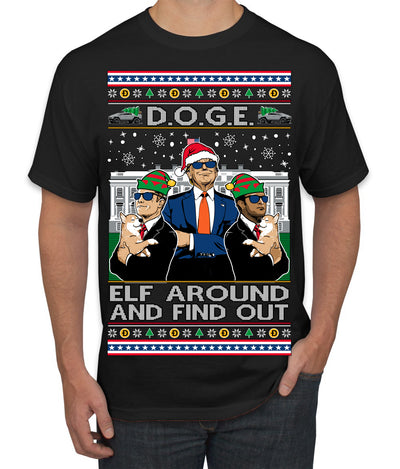 Doge Elf Around and Find Out Trump Elon Vivek MAGA Ugly Christmas Sweater Men's T-Shirt