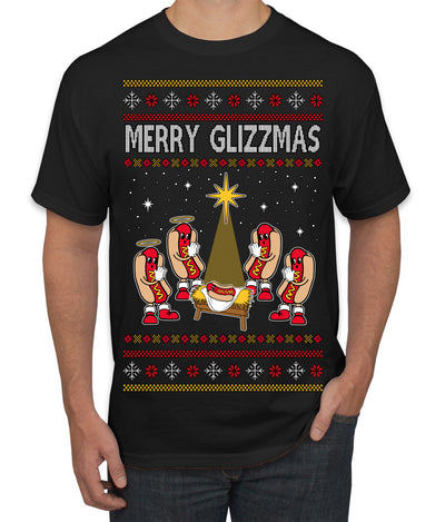 Merry Glizzmas, Funny Glizzy Hot Dog Baby Jesus Catholic Nativity, Fast Food Mustard Condiment Glizzys Humor Ugly Christmas Sweater Men's T-Shirt