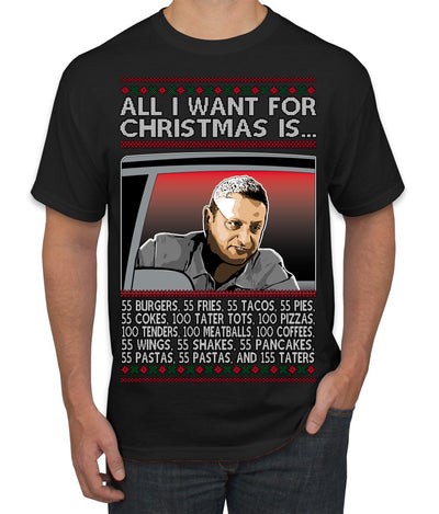 All I Want for Christmas Is 55 Burgers 55 Fries 55 Tacos 55 Pies, Funny Viral I Think Tim TV Show Gen Z Alpha Brainrot Meme Ugly Christmas Sweater Men's T-Shirt