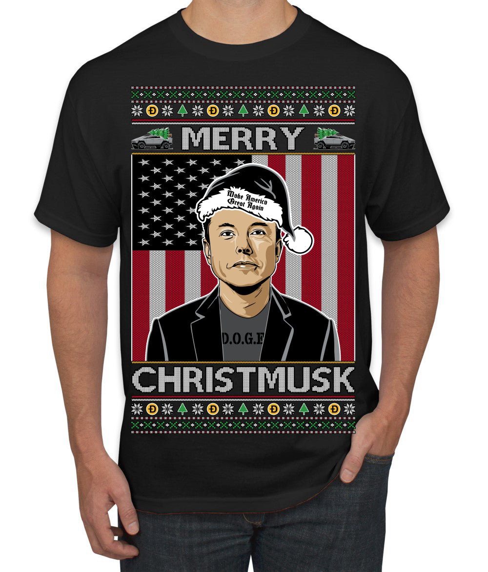 Merry Christmusk Funny Dark MAGA Santa Elon Doge Meme Ugly Christmas Sweater Men's T-Shirt
