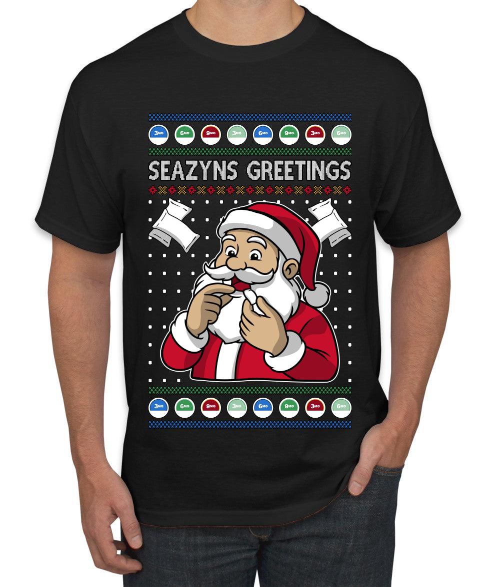Seazyns Greeting Santa Packing Lip Pouch, Ugly Christmas Sweater Unisex Men's T-Shirt