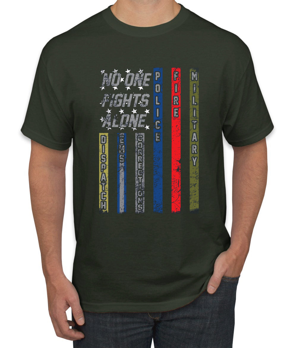 No One Fights Alone, Dispatcher EMS Corrections, Police Fire Military Unity T-Shirt American Flag Tee First Responders Men's T-Shirt