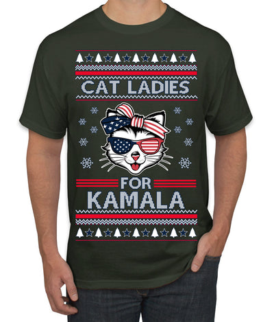 Cat Ladies for Kamala USA Glasses, Harris Tim Walz 2024 Cute USA Glasses Bow Ugly Christmas Sweater Men's T-Shirt
